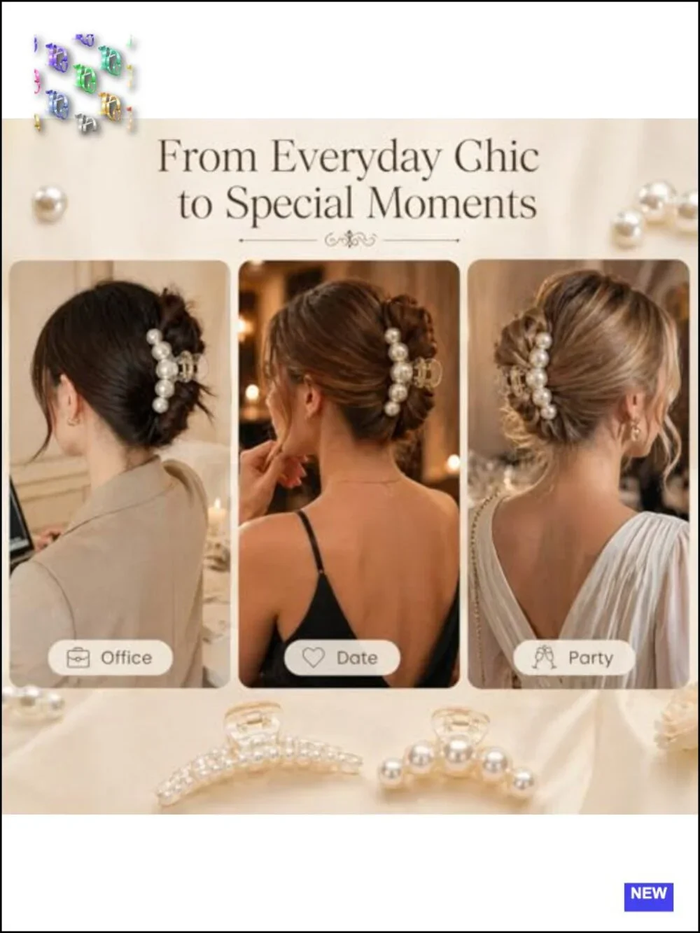 Large Resin Claw Clips with Faux Pearls, Non Slip Strong Hold, Hair Accessories